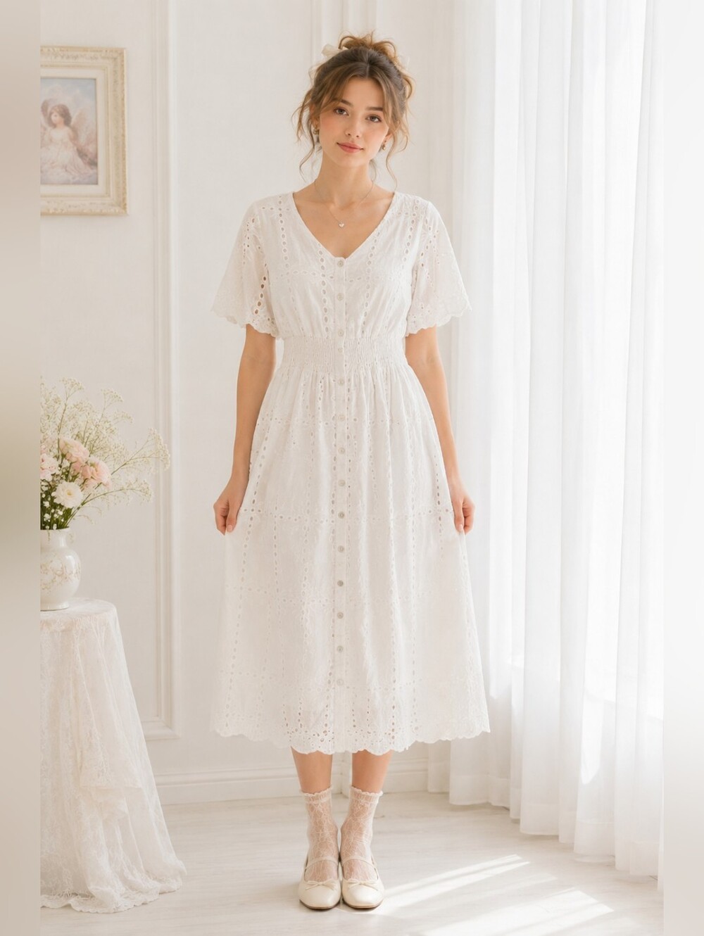 White Eyelet Midi Dress Cottagecore Romantic Feminine-Button Front-Size M